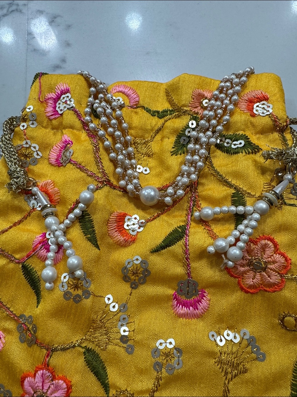 Yellow Floral Embroidered Indian potli Bag - Picture 2 of 10